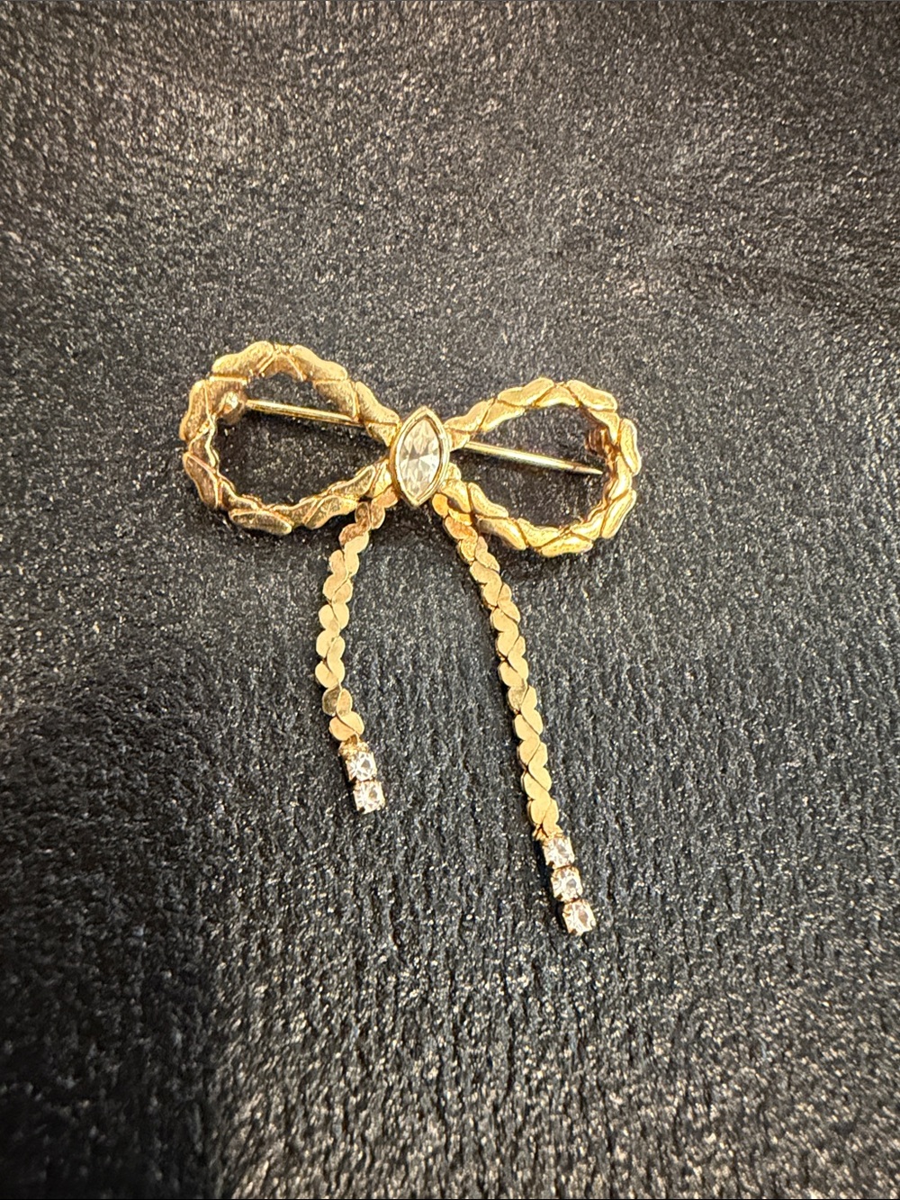Avon Gold Bow Drop Brooch with Crystal Accents
